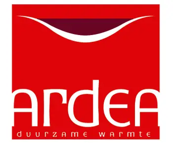 Red logo featuring "ardea" in stylized white font, with "duurzame warmte" below, and a curved white shape above.