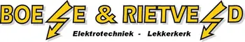 Logo of Boele & Rietveld Elektrotechniek, featuring yellow text with lightning bolts, indicating an electrical focus, and "Lekkerkerk" below.