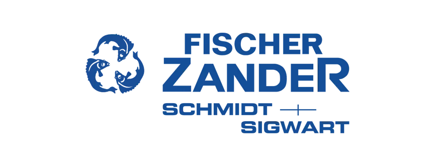 Blue logo with circular design and text: "Fischer Zander Schmidt Sigwart."