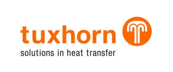 Tuxhorn logo with an orange icon resembling a 'T' and text: "solutions in heat transfer."