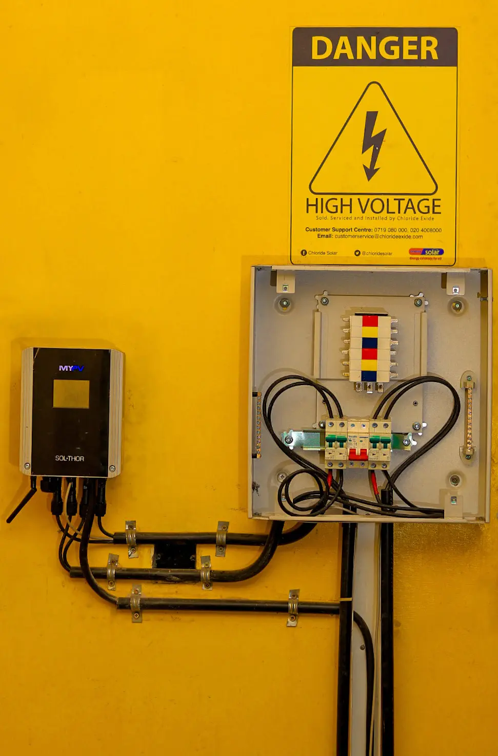 Electrical panel on a yellow wall with a "Danger High Voltage" sign. Visible wiring and a connected device are present.
