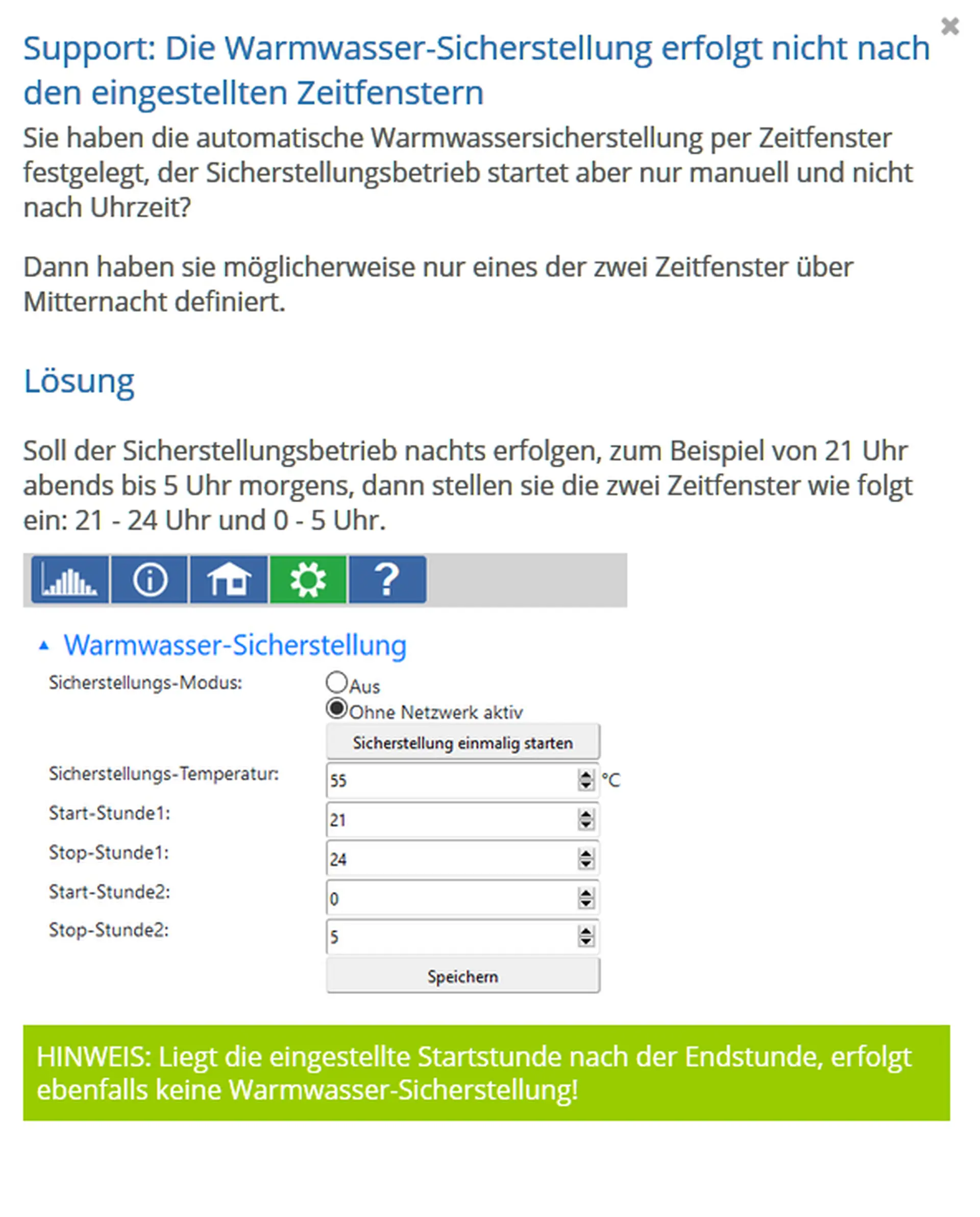 TechnischerSupport Warmwassersicherstellung erfolgt nicht nach den eingestellten Zeitfenstern