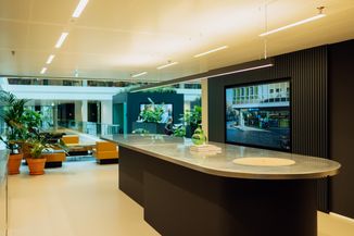 Modern office space with a sleek metal counter, plants, and a large screen. Bright, with yellow seating and decorative glass vase.