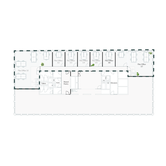 Office floor plan with multiple flex offices, shared pantry, and restrooms along a corridor. Office furniture is arranged in each room.