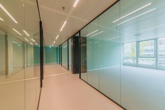 Modern office with glass walls, beige flooring, and ceiling lights. Large windows with city view and greenery outside.