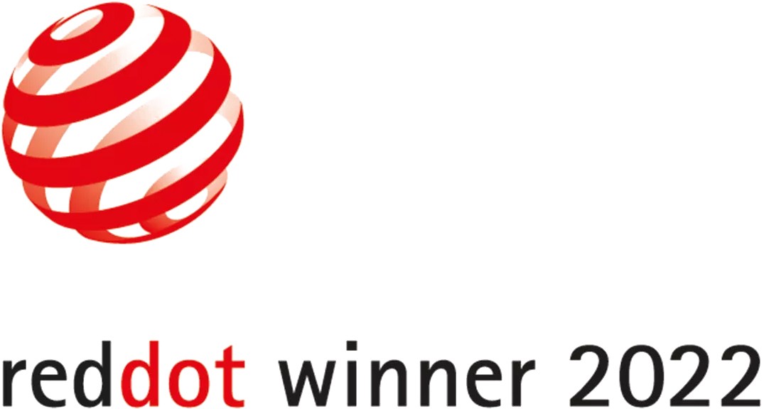 Ganador del Red Dot 2022, logotipo con un globo rojo y blanco a rayas sobre un fondo blanco.