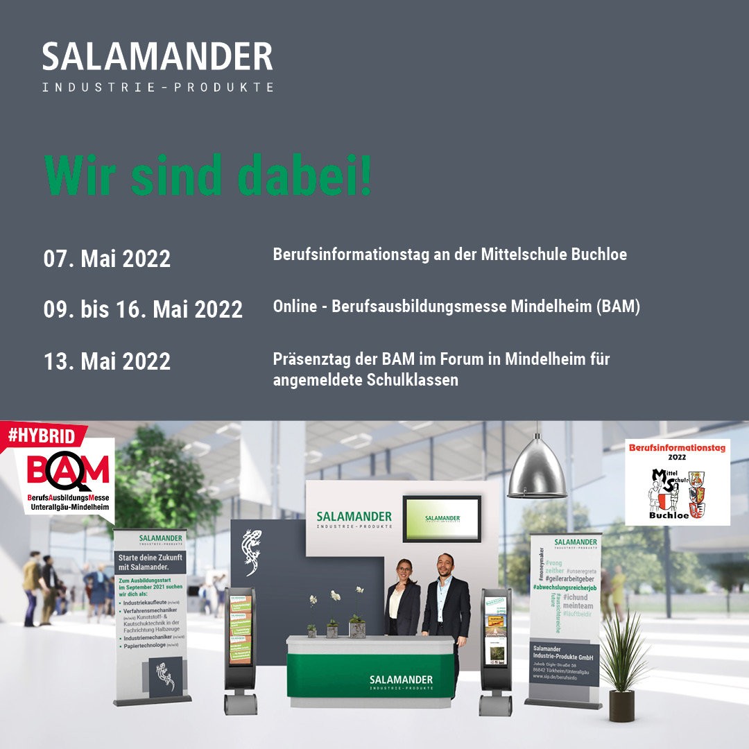 Um cartaz publicitário para a Salamander Industrie-Produkte GmbH, apresentando um estande com duas pessoas em pé atrás dele, uma planta em vaso e vários banners e placas.