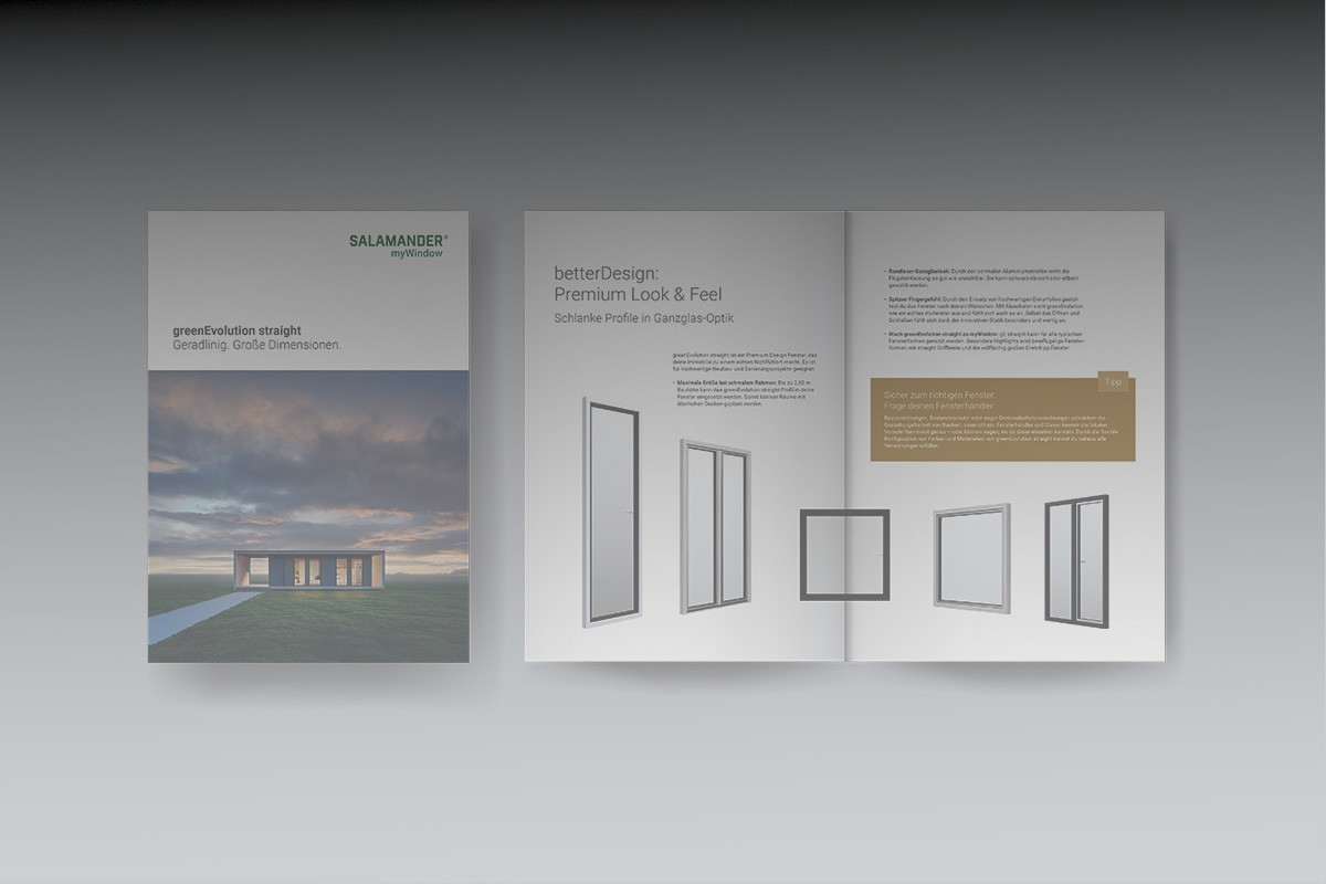 Un folleto para el sistema de ventanas rectas greenEvolution de Salamander, que muestra su diseño premium, perfil elegante y grandes dimensiones.