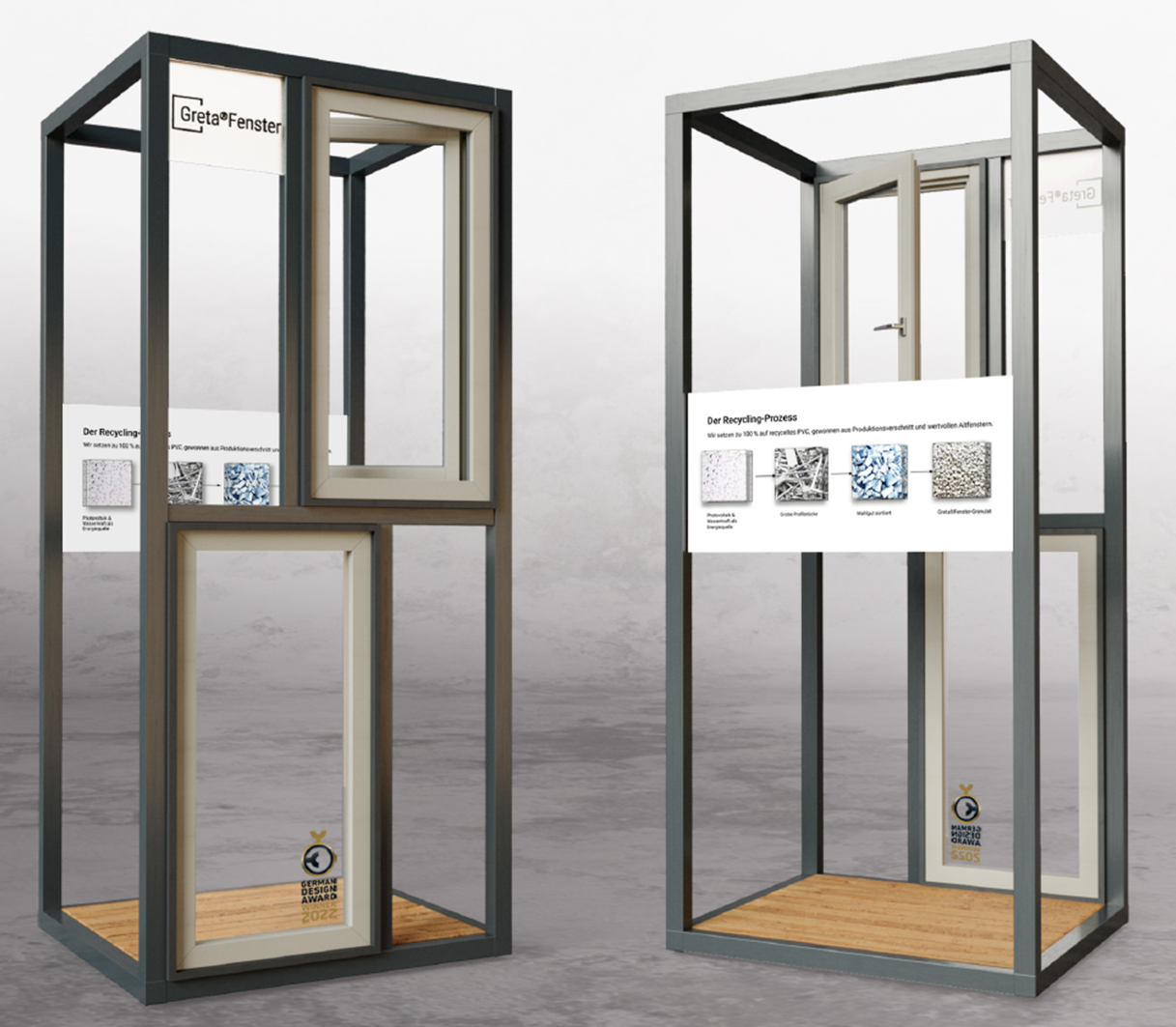 Two metal structures with glass doors and windows, displaying information about recycling processes and awards.