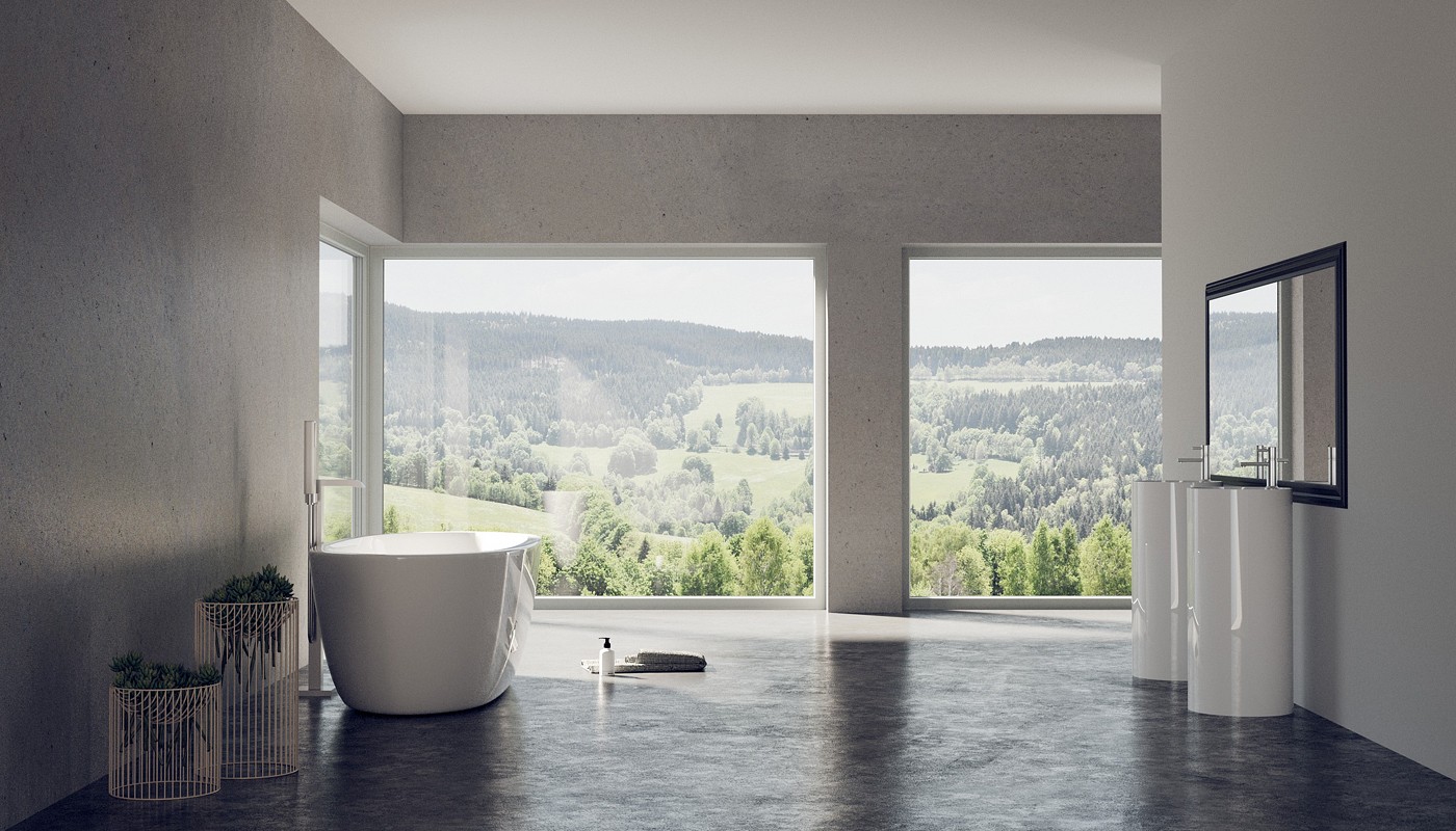 Un baño moderno con una gran bañera, dos lavabos y un espejo. La habitación tiene grandes ventanas que ofrecen una vista de un exuberante paisaje verde con árboles y colinas.