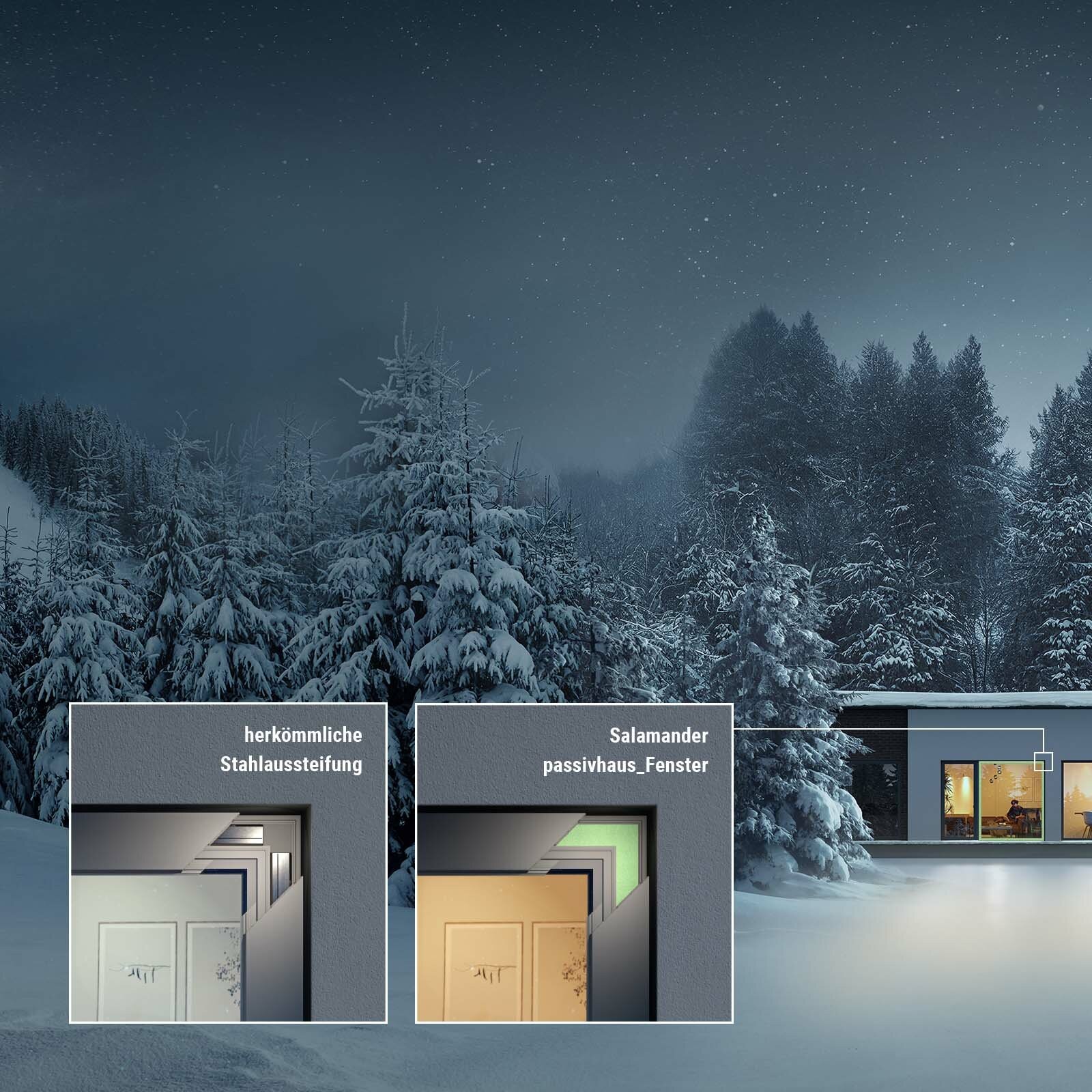 Krajobraz pokryty śniegiem z domem w tle. Po lewej stronie obrazu wyświetlane są dwa zdjęcia, jedno pokazujące drzwi z białym obramowaniem, a drugie pokazujące drzwi z brązowym obramowaniem. Tekst "tradycyjne wzmocnienie stalowe" jest wyświetlany nad zdjęciem białych drzwi, a tekst "Salamandee passivhaus_okna" jest wyświetlany nad zdjęciem brązowych drzwi.