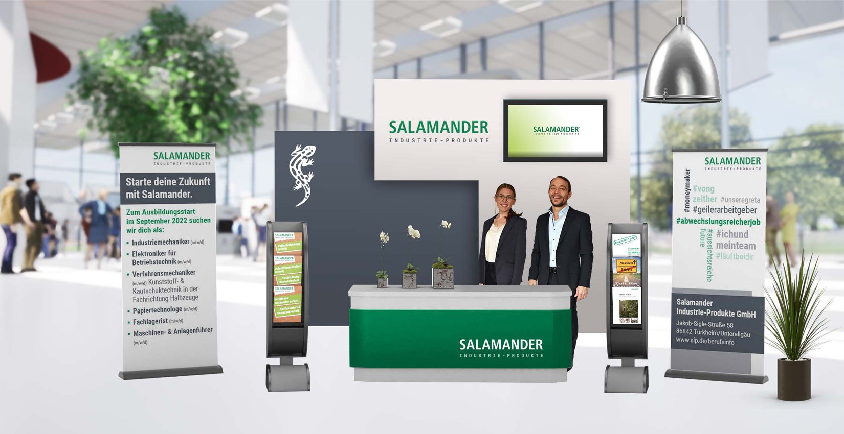 A 3D rendering of a trade fair stand with two people standing behind a counter, surrounded by promotional materials and a plant.