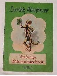 A green book cover with a cartoon lizard holding a hat and a flower, titled "Lurchis Abenteuer" in German.