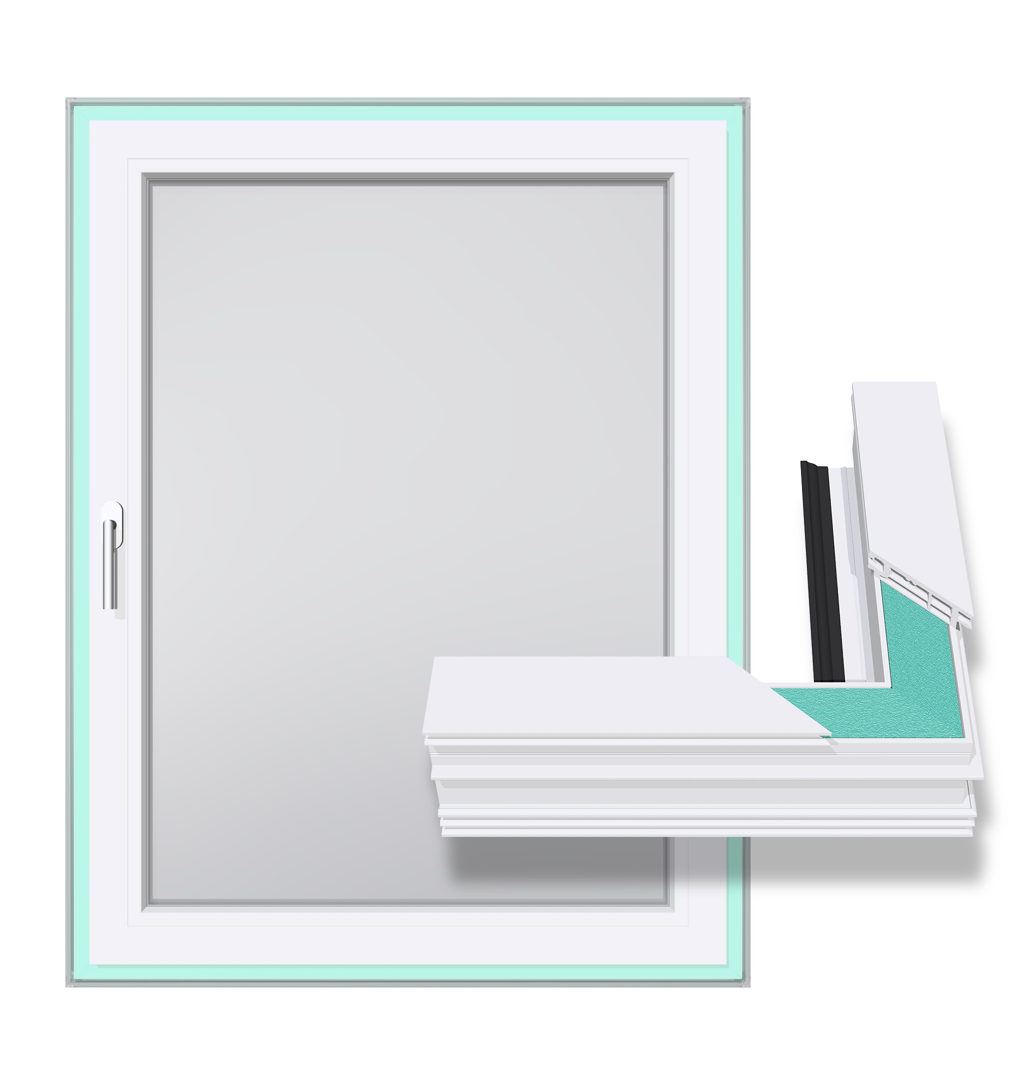 Białe okno z białym obramowaniem i białym uchwytem, pokazujące wnętrze i zewnętrze okna.