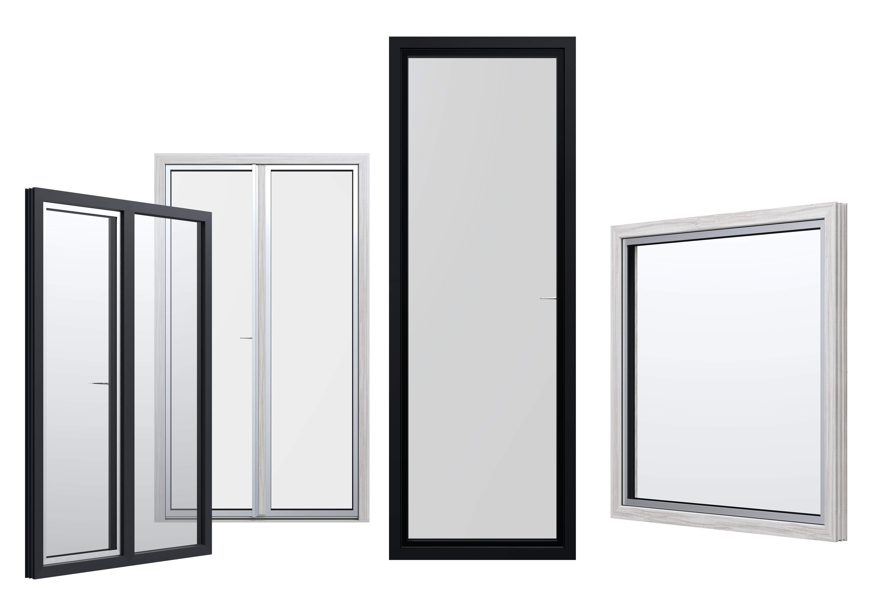 Four different types of doors and windows, including a black framed sliding door, a white framed sliding door, a black framed door, and a white framed door.