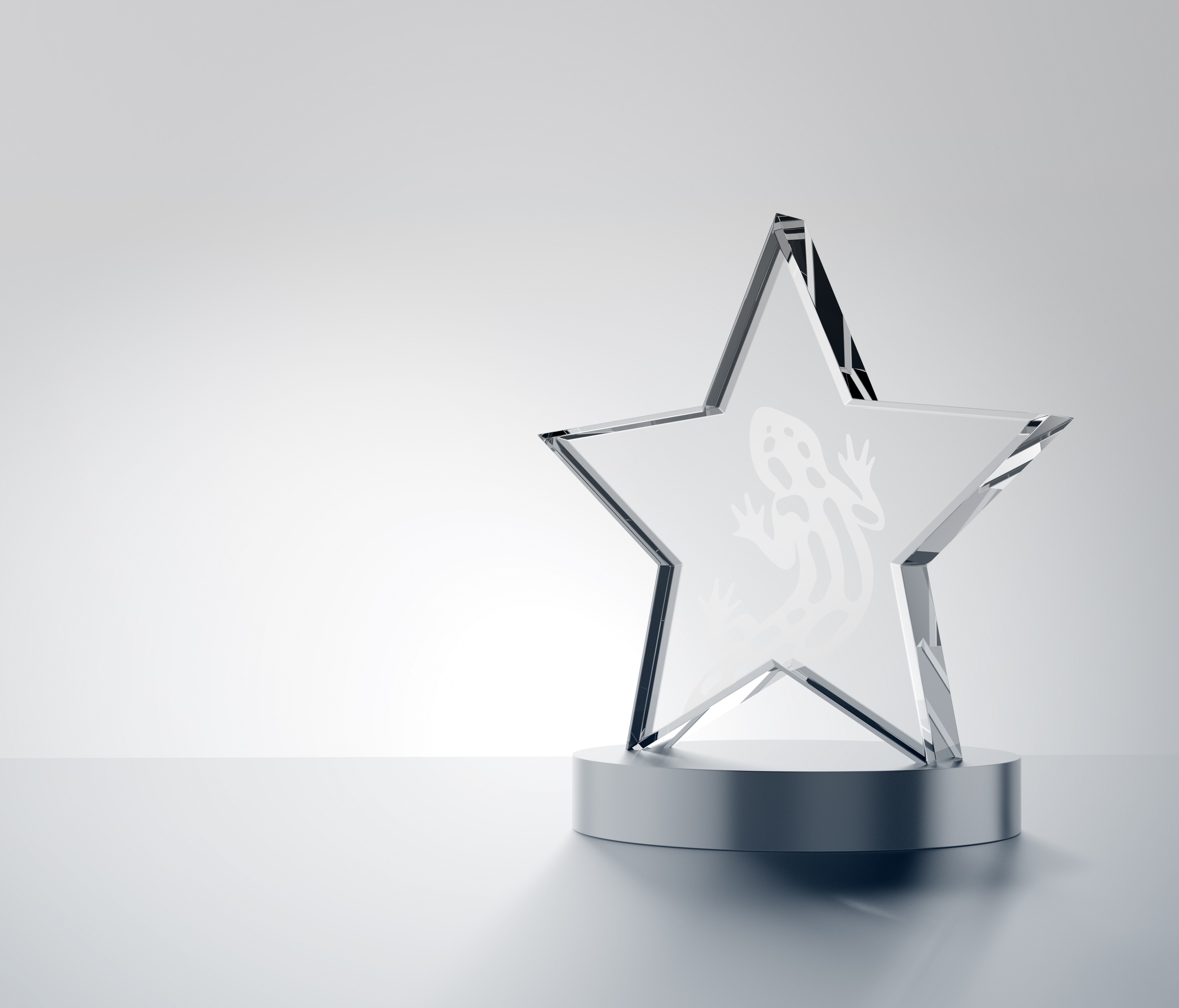 Una estrella de vidrio transparente con un diseño de rana, colocada sobre una base plateada.