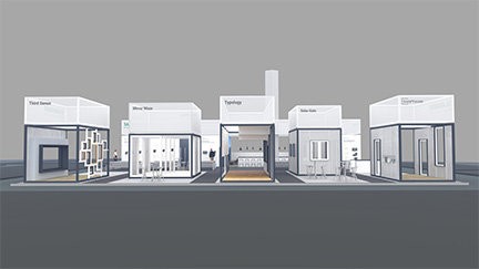 A 3D rendering of a row of white modular booths with glass doors and walls, arranged on a gray surface.