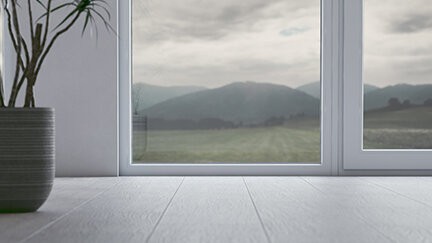 A room with a large window, a potted plant, and a view of mountains and a field.