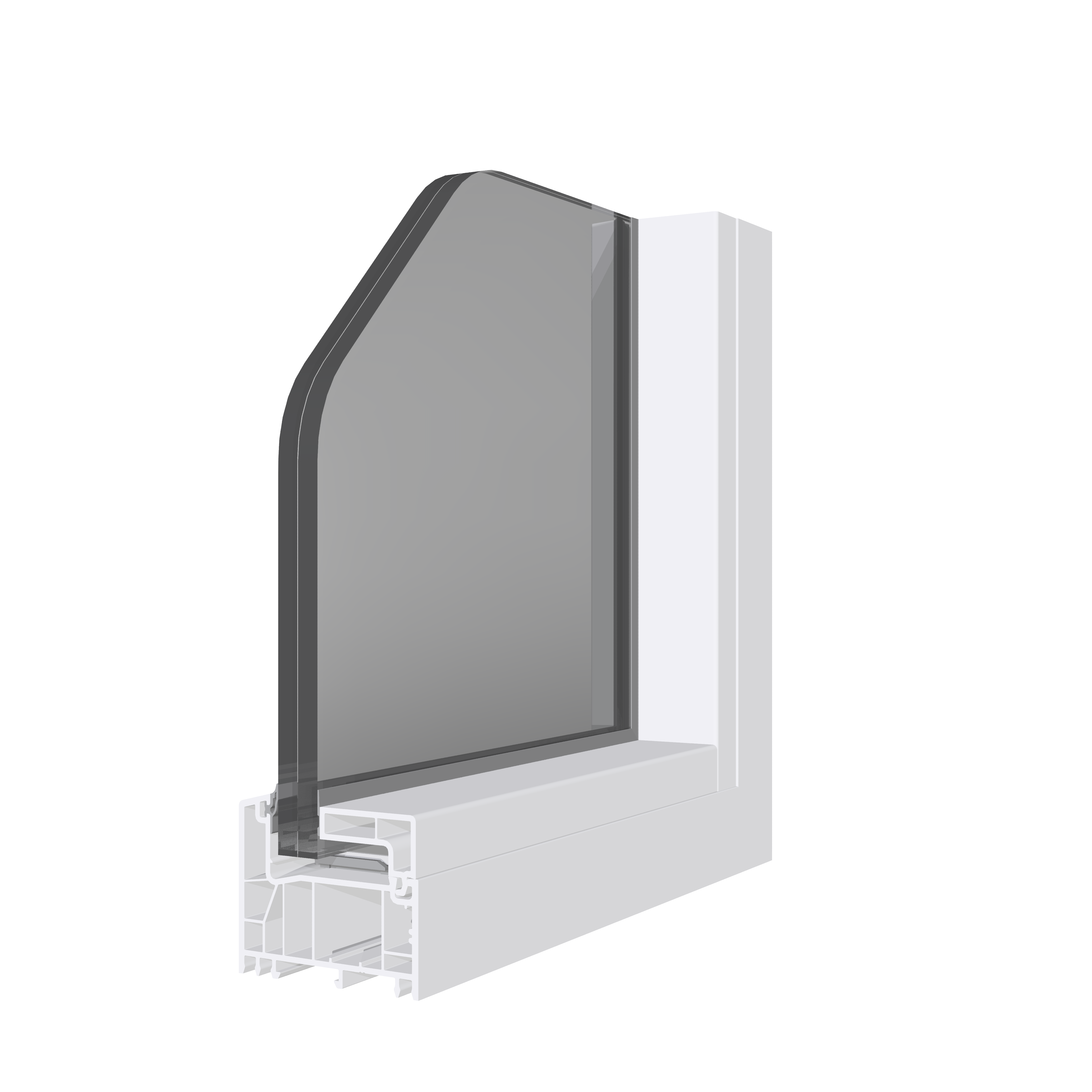 A white window frame with a black border and a gray glass panel, set against a white background.