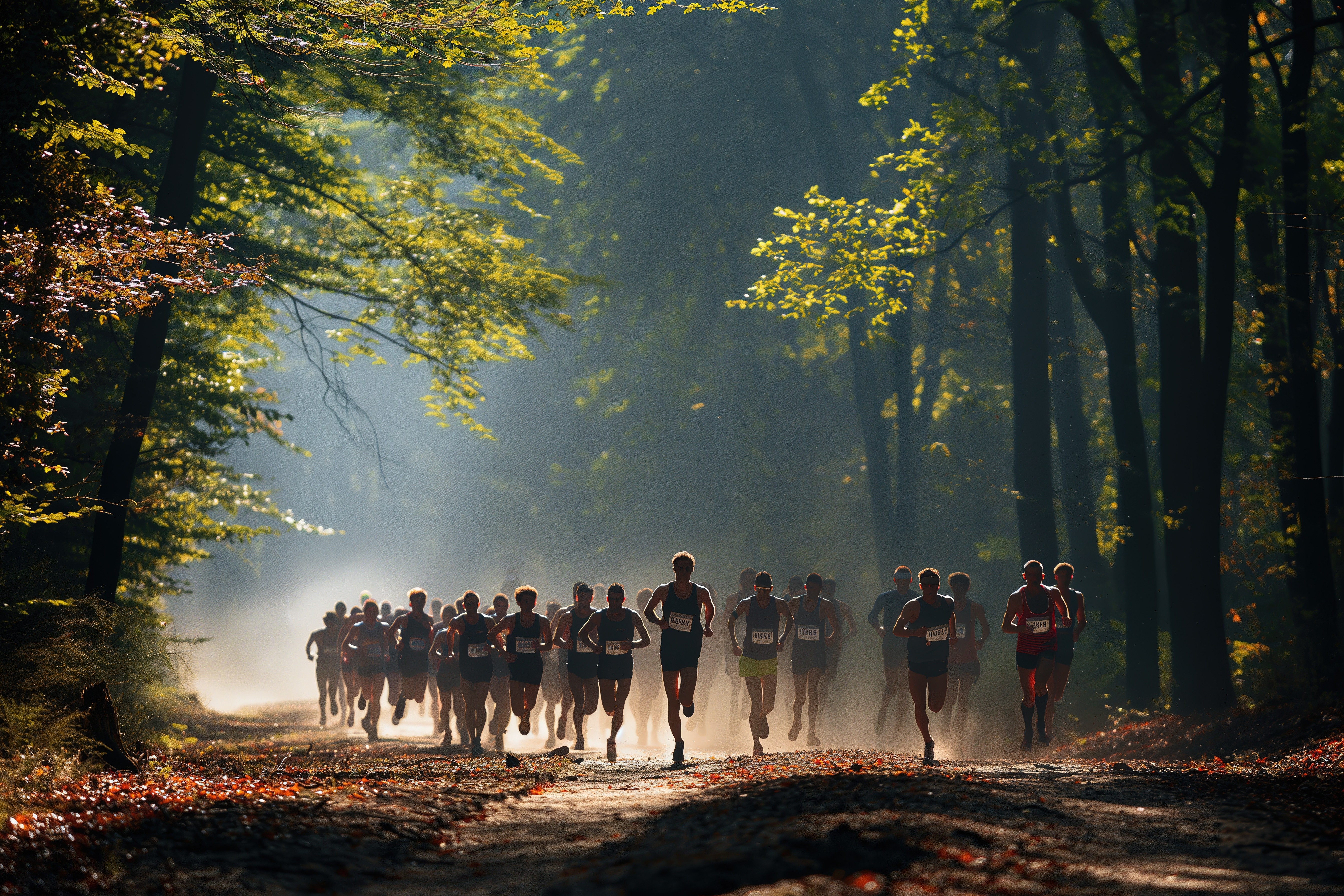 A group of runners are participating in a marathon on a dirt path surrounded by trees.