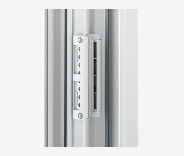 A white sliding door lock with a rectangular shape and a small rectangular panel on the top and bottom.