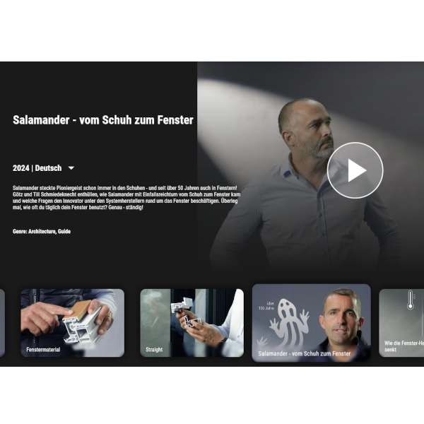 A screenshot of a video with a man in the center and a play button. Below the video is the text "Salamandar - vom Schuh zum Fenster". Below the text is a video description. Below the video description are three images with the text "Fenstermaterial", "Straight", and "Salamandar - vom Schuh zum Fenster".