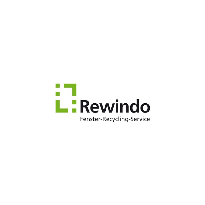 Logotipo de ReWindo con colores verde y negro, que presenta una letra estilizada "R" y el texto "ReWindo Fenster-Recycling-Service".