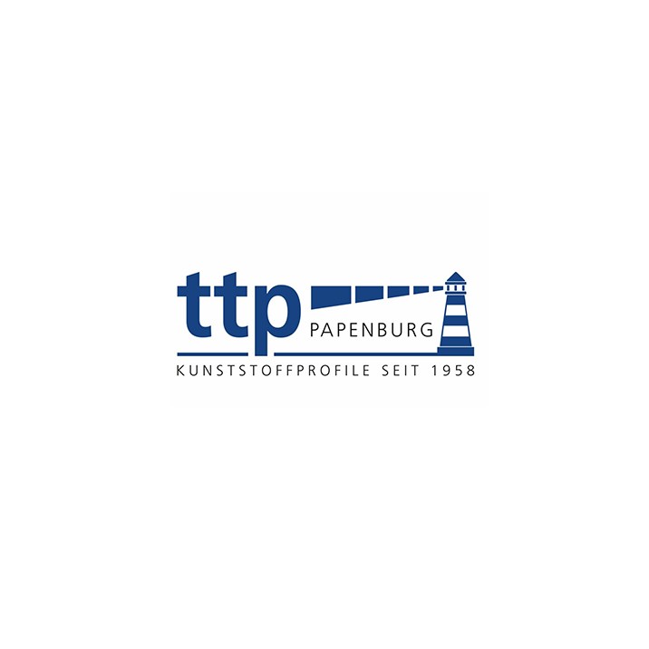 Logo of TTP Papenburg, a company with a lighthouse symbol and the text "Kunststoffprofile seit 1958".
