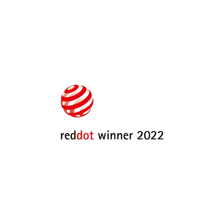Red dot winner 2022 logo with a red and white striped ball on a white background.