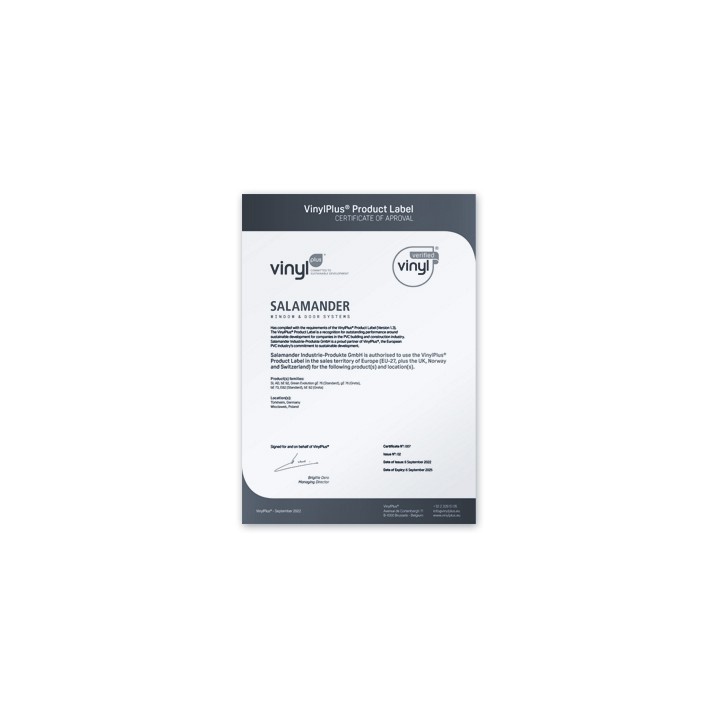 VinylPlus Product Label Certificate of Approval for Salamander Industrie-Produkte GmbH, authorized to use the VinylPlus Product Label in the sales territory of Europe (EU-27) plus the UK, Norway, and Switzerland for the following products and locations.