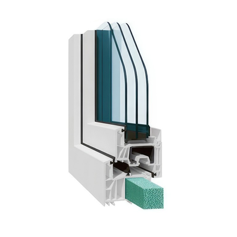 Biały obramowanie okna ze szklanym panelem w kolorze zielonym i zielonym blokiem z pianki na dole.