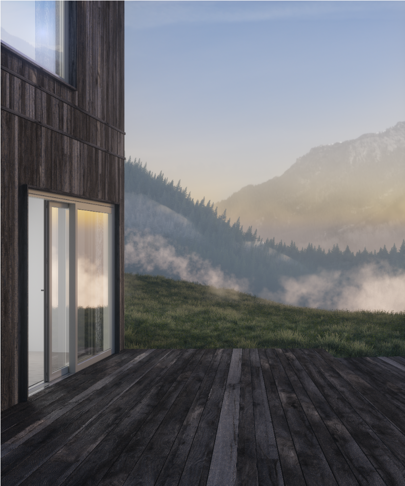 Deck de madeira com vista para uma colina gramada e uma cordilheira nebulosa ao longe.