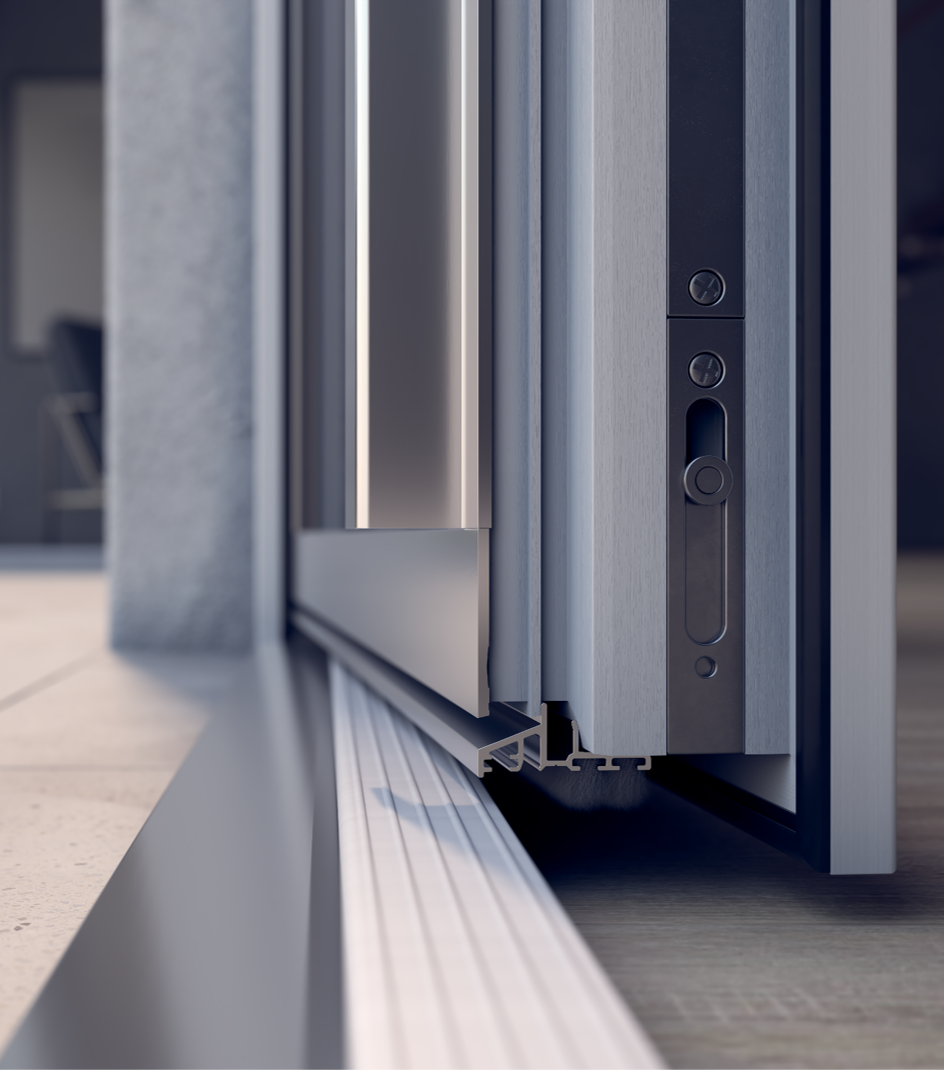 Primer plano de una puerta corrediza de vidrio con un diseño elegante y moderno, que presenta un marco negro, detalles plateados y un sistema de rieles suave y sin costuras.