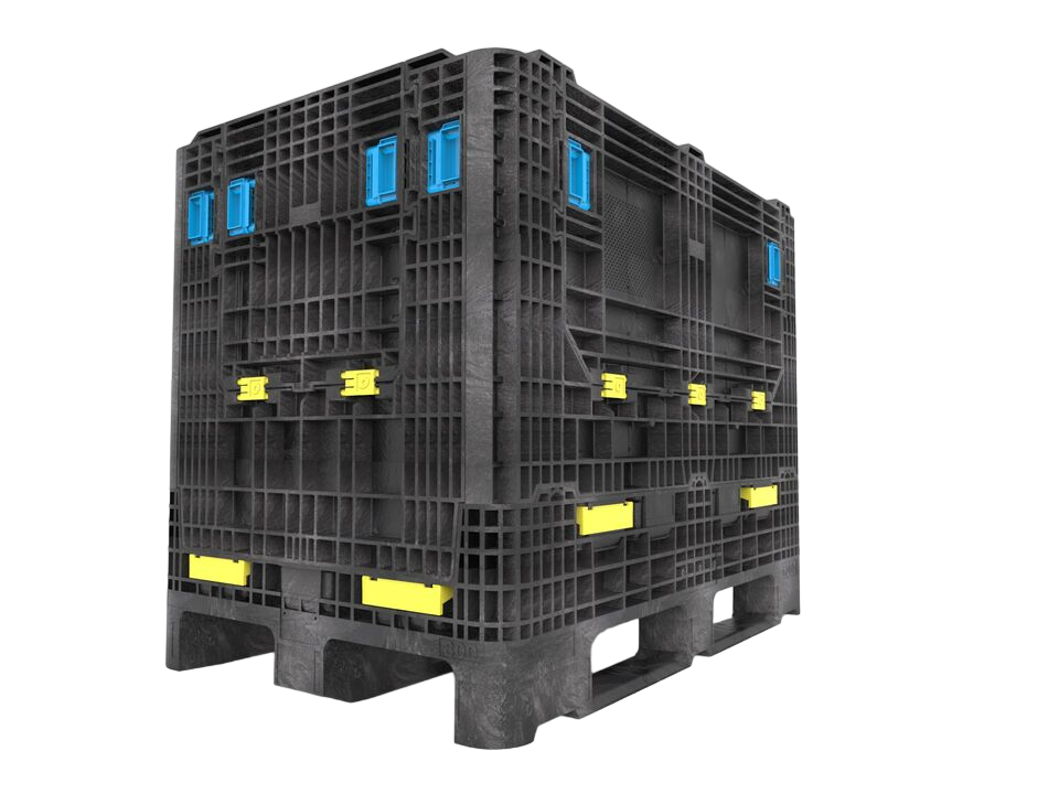 Uma renderização 3D de um palete preto com detalhes em azul e amarelo, mostrando seu design e características.