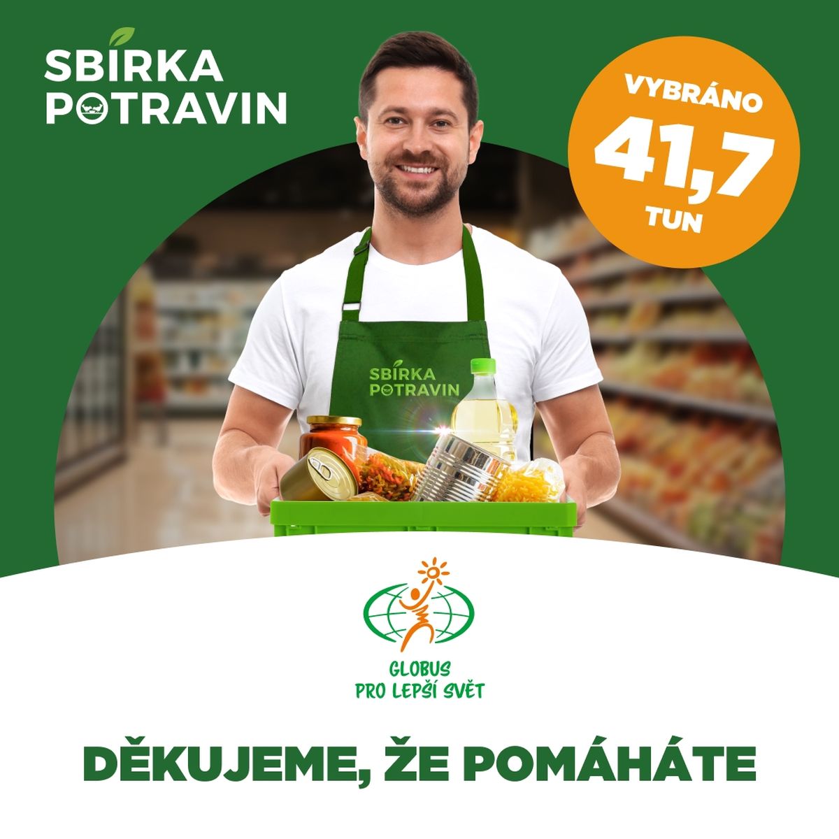 Usměvavý muž v zelené zástěře drží krabici s potravinami, s textem zdůrazňujícím „41,7 tun“ a poděkováním za pomoc v češtině.