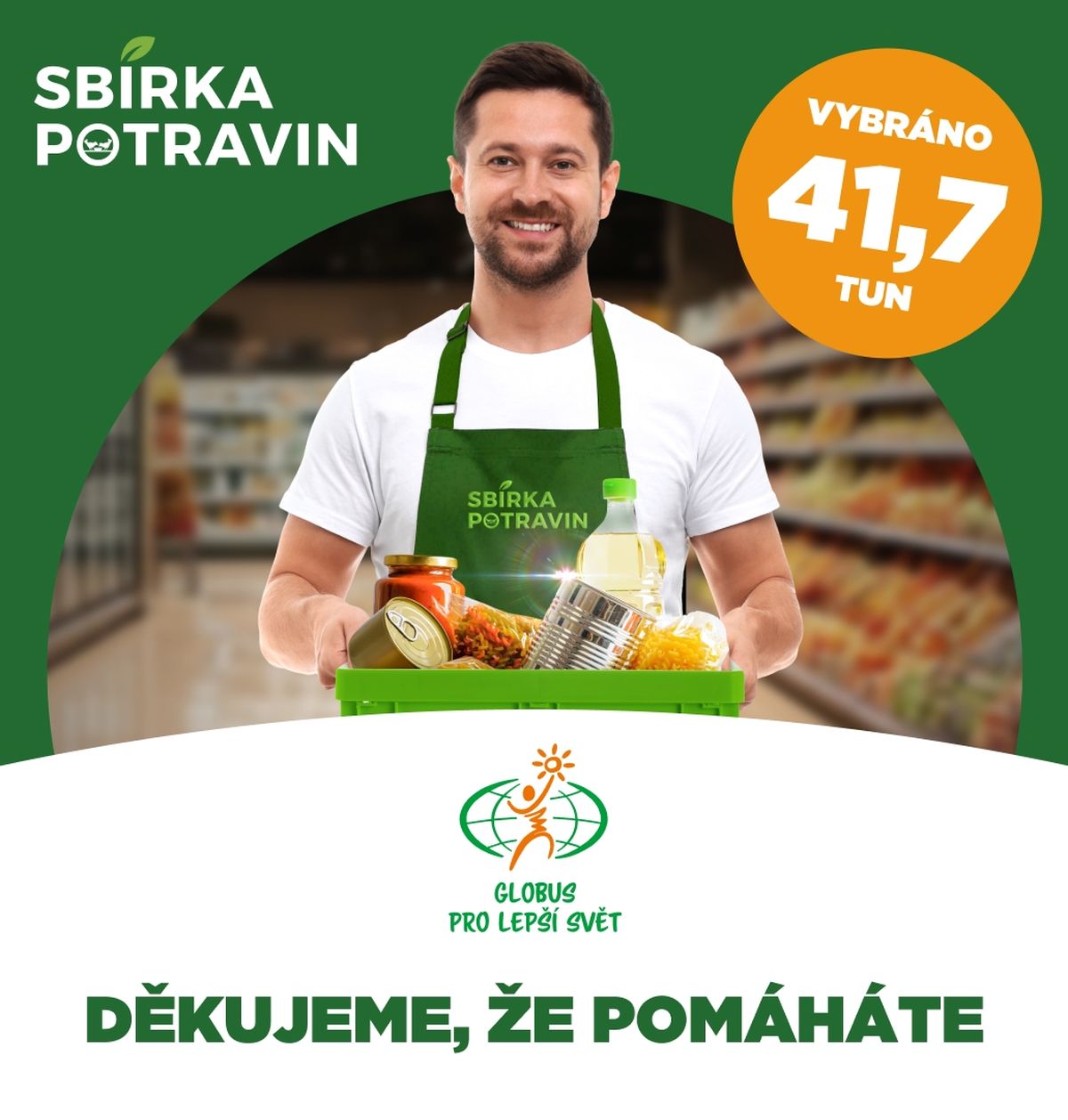 Usměvavý muž v zelené zástěře drží krabici s potravinami, s textem zdůrazňujícím „41,7 tun“ a poděkováním za pomoc v češtině.