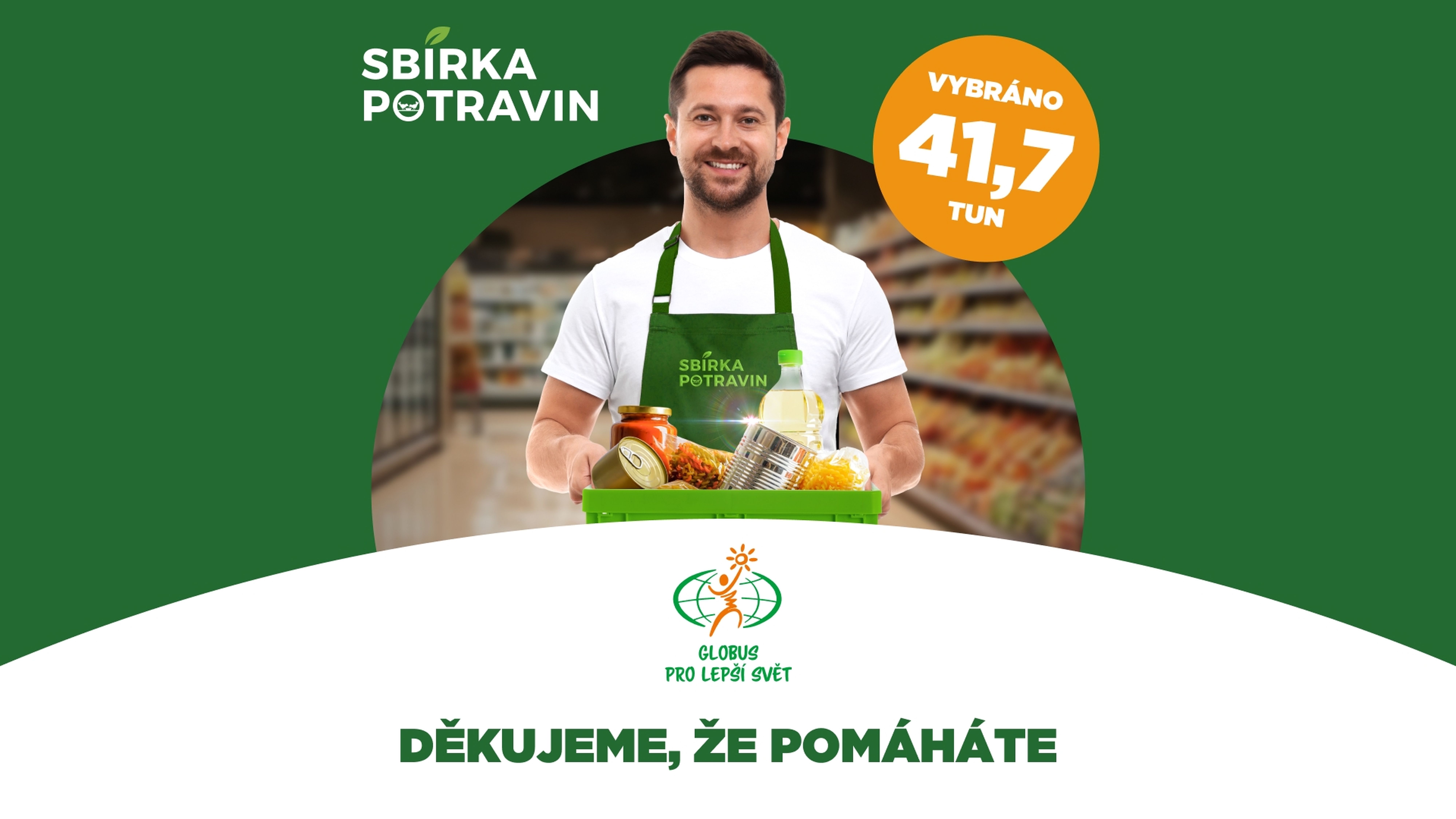 Usměvavý muž v zelené zástěře drží krabici s potravinami, s textem zdůrazňujícím „41,7 tun“ a poděkováním za pomoc v češtině.