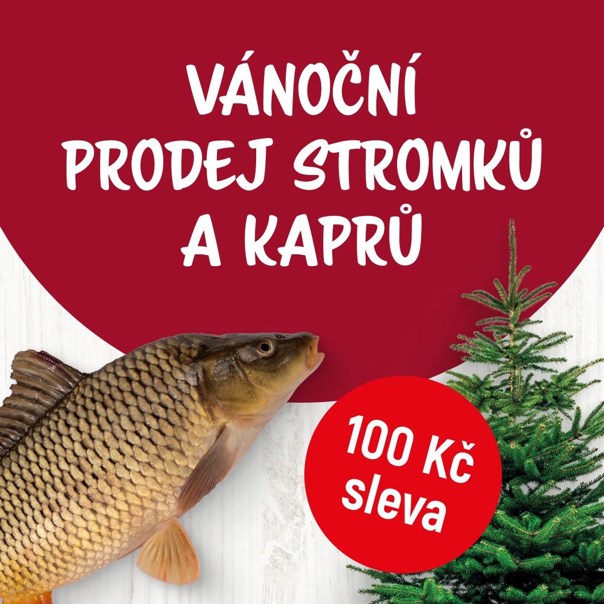 Plakát s vánočním stromkem a prodejem kaprů se svátečními ozdobami a červeným kolečkem nabízejícím slevu 100 Kč.