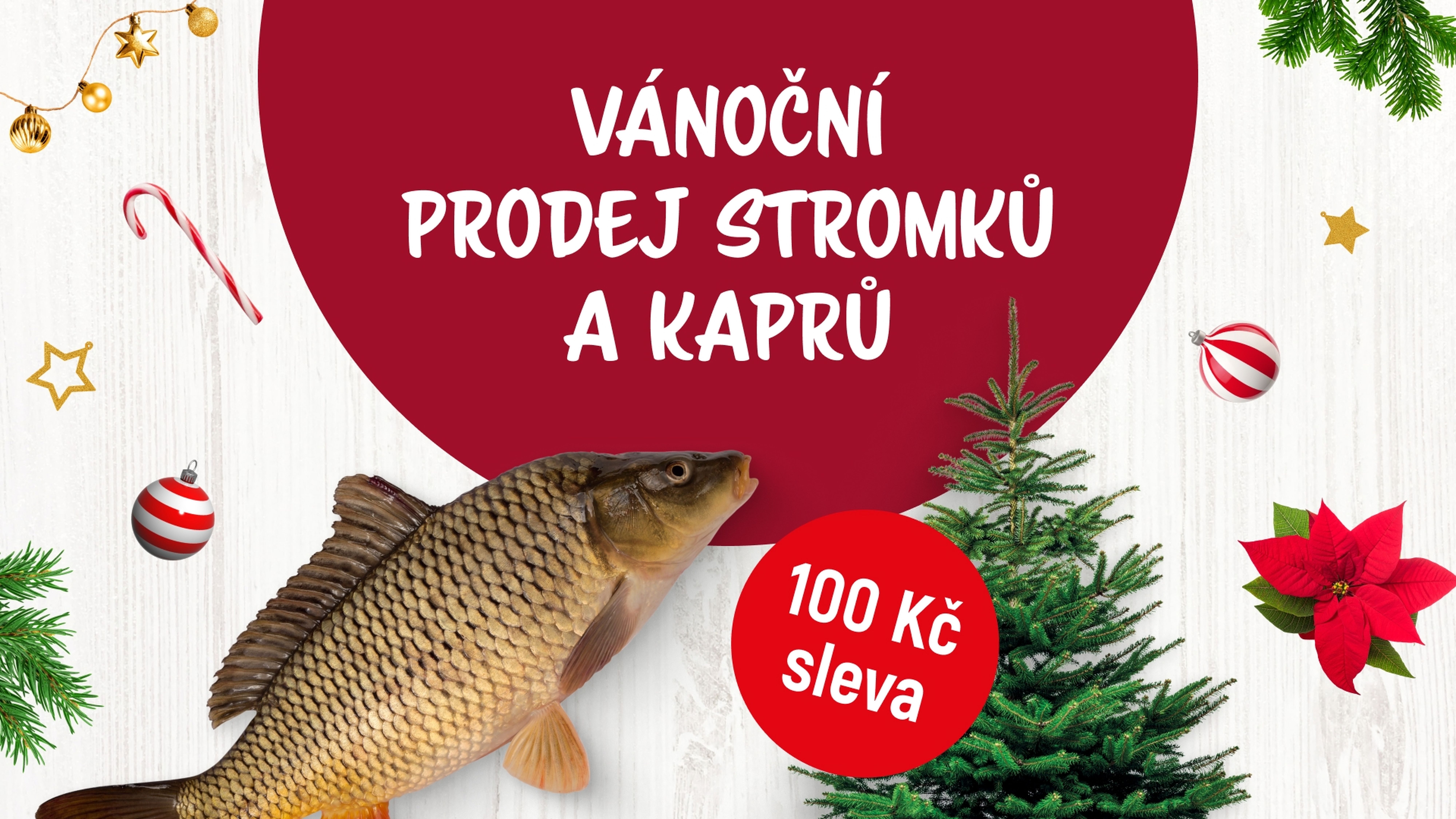Plakát s vánočním stromkem a prodejem kaprů se svátečními ozdobami a červeným kolečkem nabízejícím slevu 100 Kč.