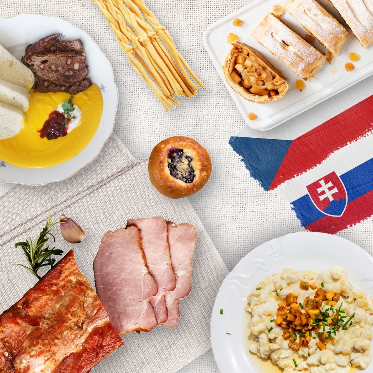 Typická česká a slovenská jídla a vlajky obou zemí v rámci česko-slovenských týdnů v Globusu