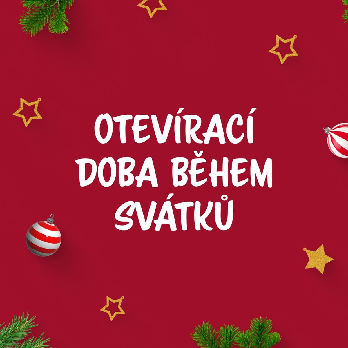 Slavnostní červené pozadí s cukrovými tyčinkami, ozdobami, vánoční hvězdou a textem „Otevírací doba během svátků“ obklopeným hvězdami a zelení.