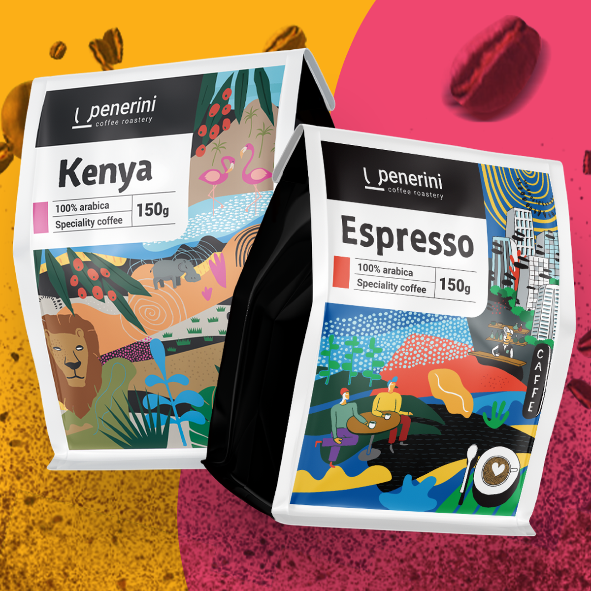 Dvě balení kávy s označením „Kenya“ a „Espresso“ od pražírny J. Penerini Coffee Roastery, s barevným designem, na živém pozadí.