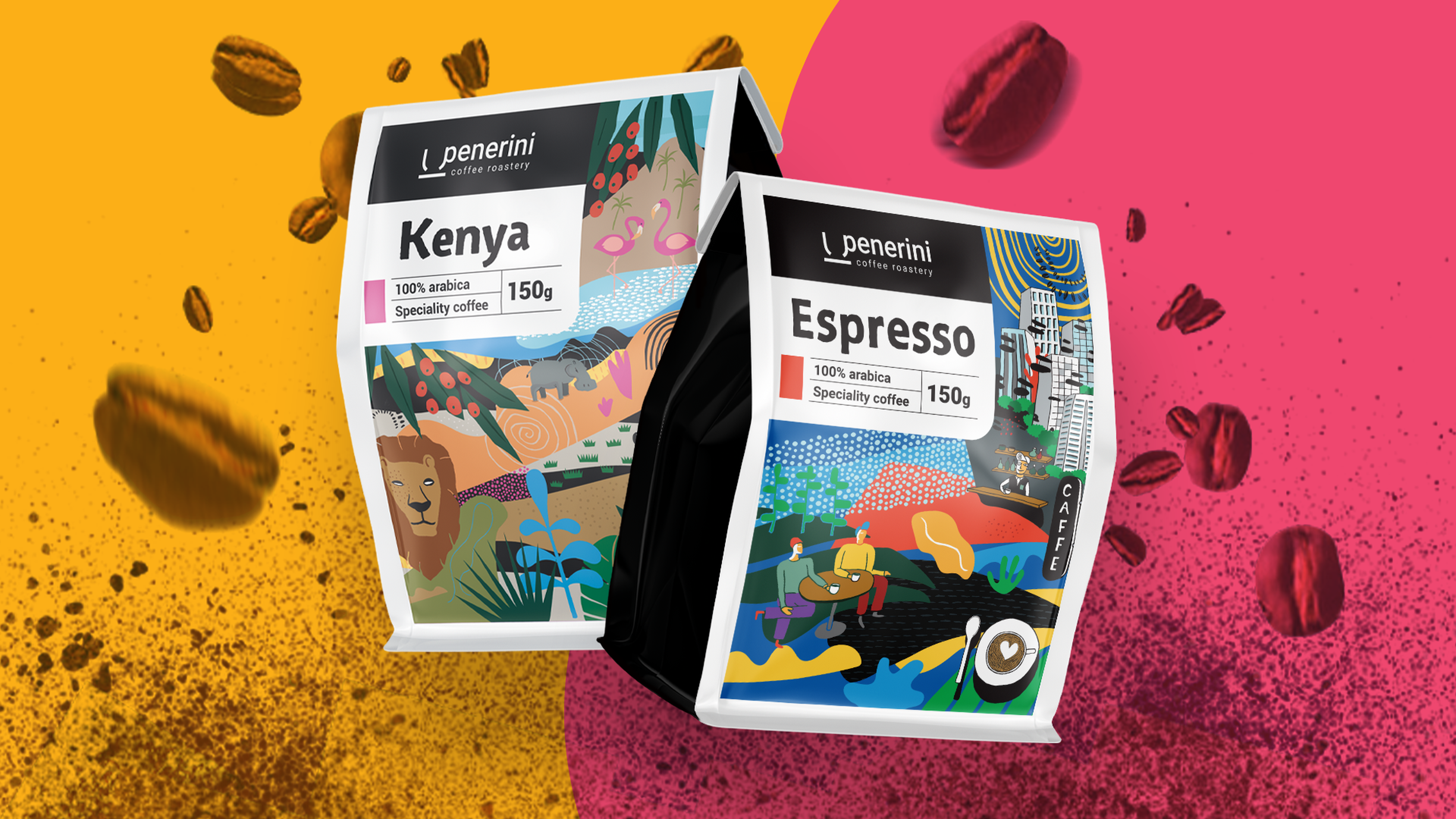 Dvě balení kávy s označením „Kenya“ a „Espresso“ od pražírny J. Penerini Coffee Roastery, s barevným designem, na živém pozadí.