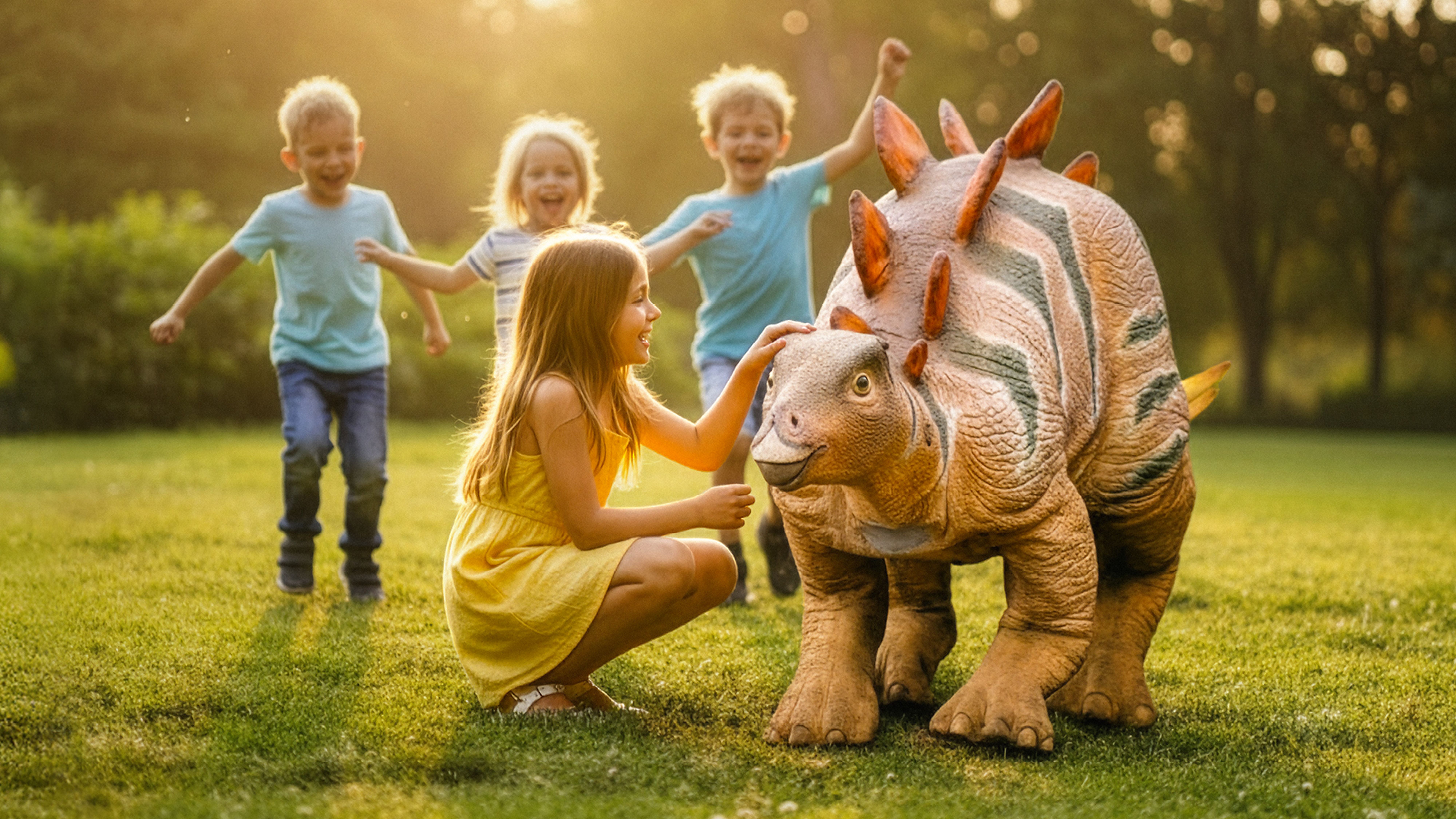 Děti si radostně hrají s modelem dinosaura ve slunném parku, přičemž jedna dívka ho hladí po hlavě, zatímco ostatní se usmívají v pozadí.