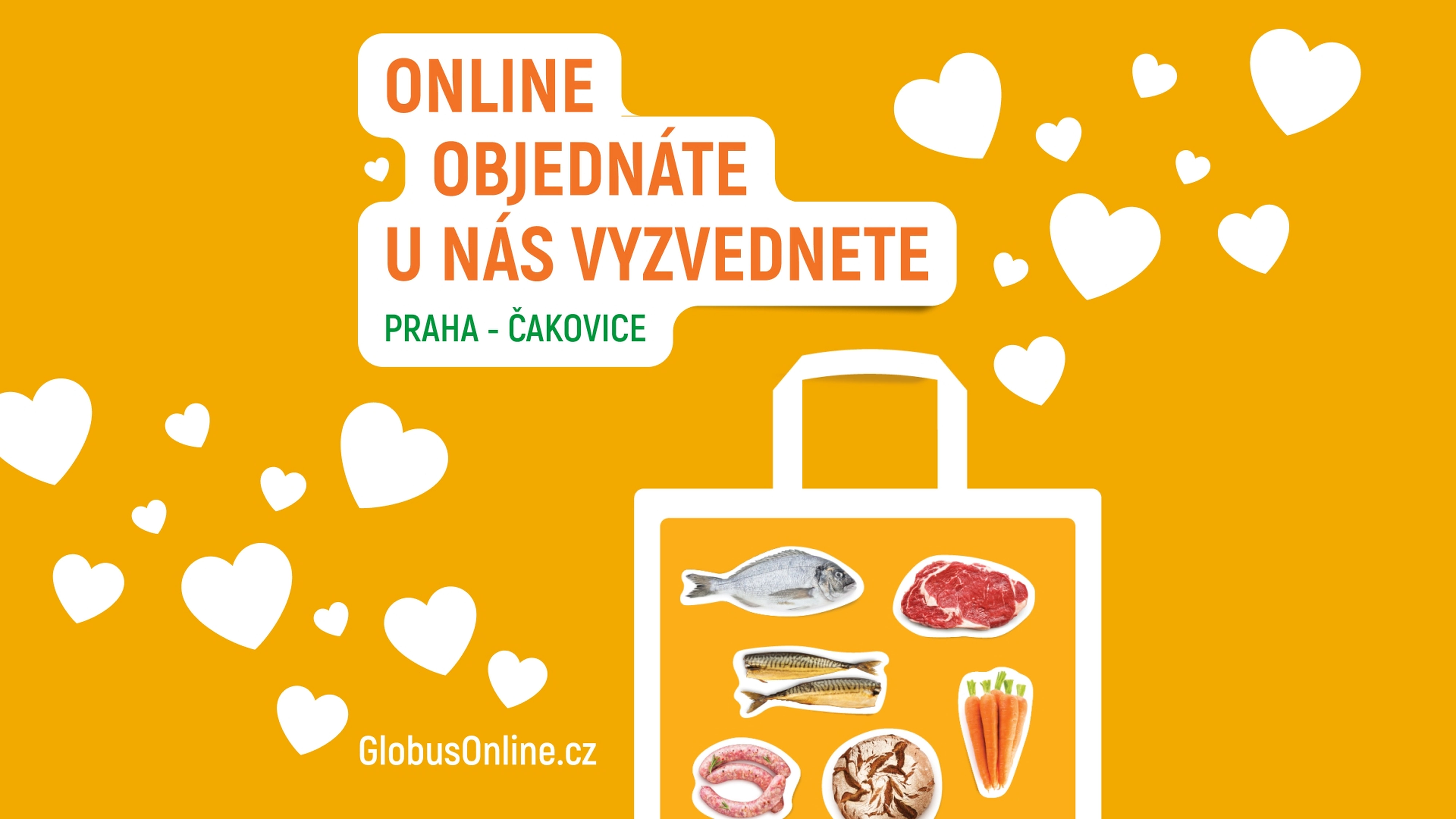 Oranžové pozadí s bílými srdíčky, nákupní taškou a různými potravinami. Český text propaguje online objednávky a vyzvednutí v Praze-Čakovicích.