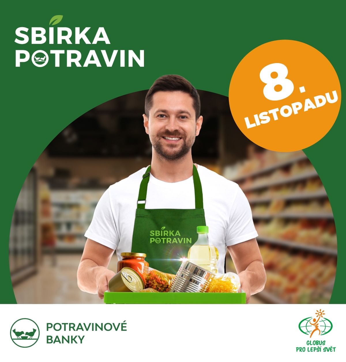 A man in a green apron holds a box of groceries. Text reads "Sbírka Potravin" and "8. listopadu." Logos include Potravinové banky.