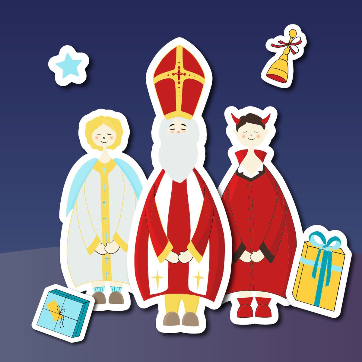 Postava anděla, Mikuláše a čerta na tmavě modrém pozadí se zabalenými krabicemi dárků a hvězdou.