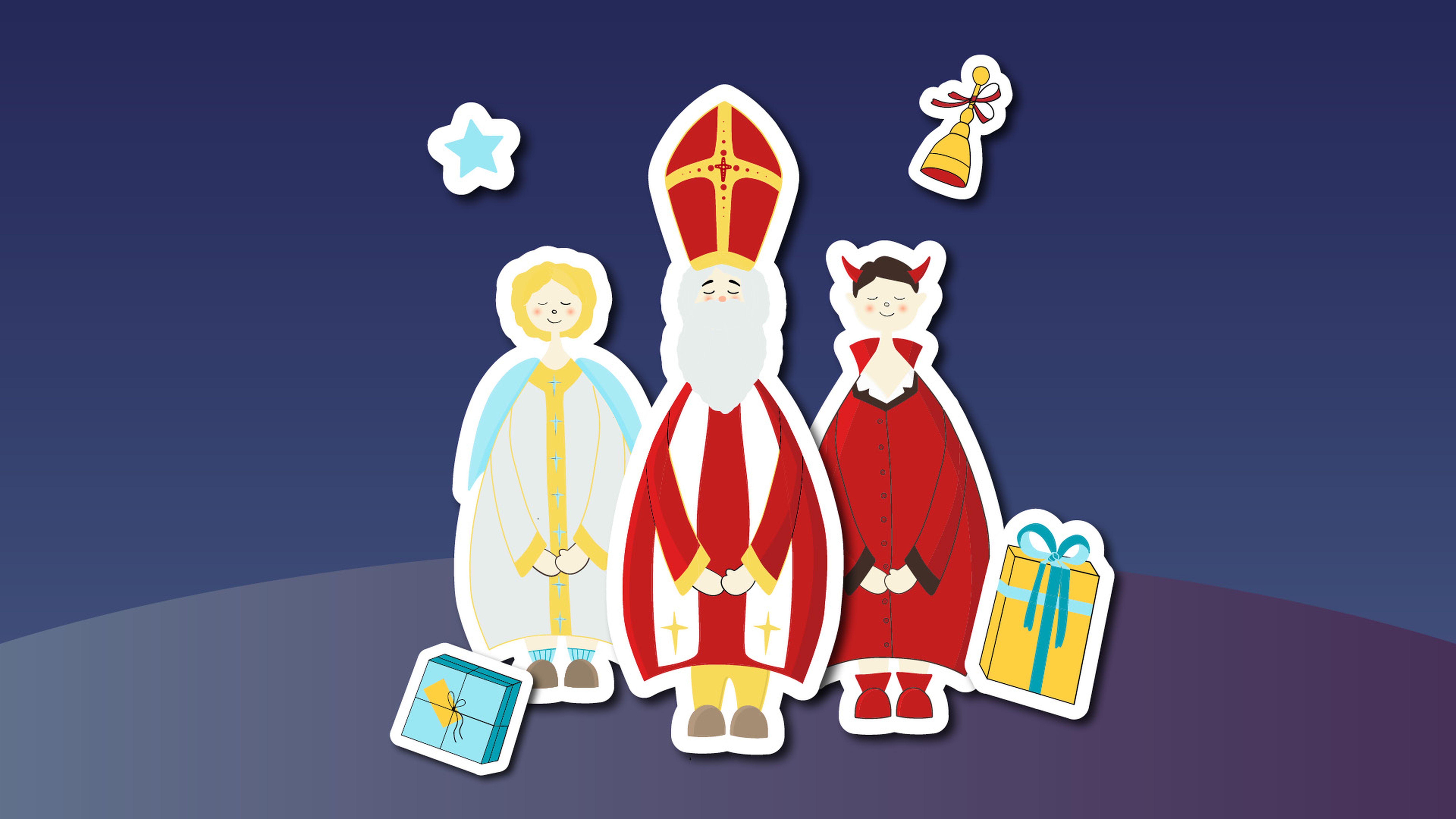 Postava anděla, Mikuláše a čerta na tmavě modrém pozadí se zabalenými krabicemi dárků a hvězdou.