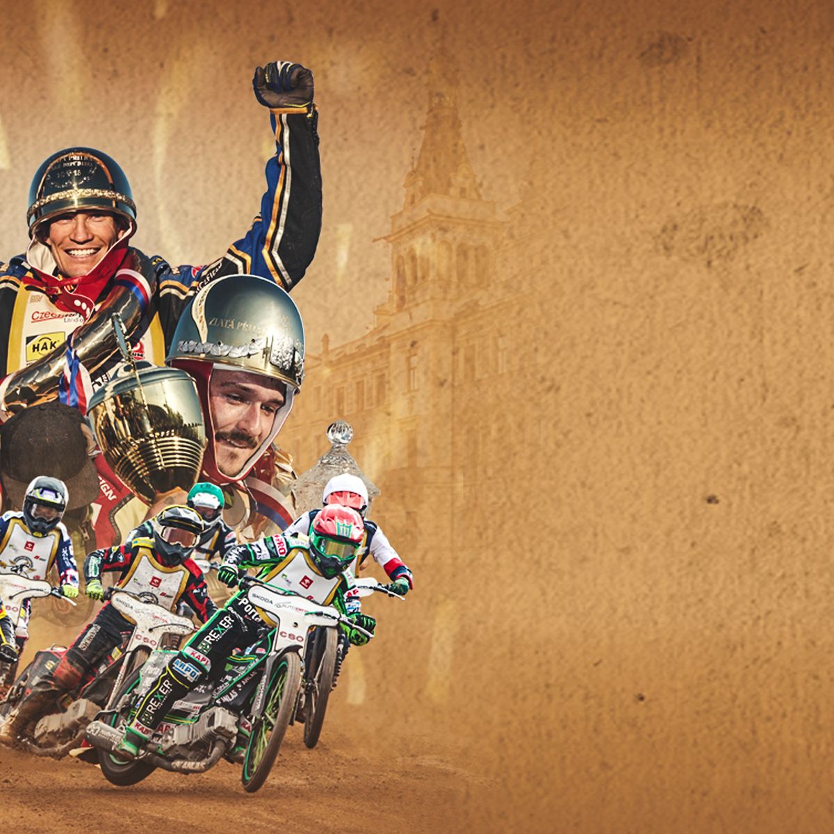 Motocykloví závodníci v akci na prašné dráze, v pozadí se zvětšenými snímky jásajících jezdců a trofejí.
