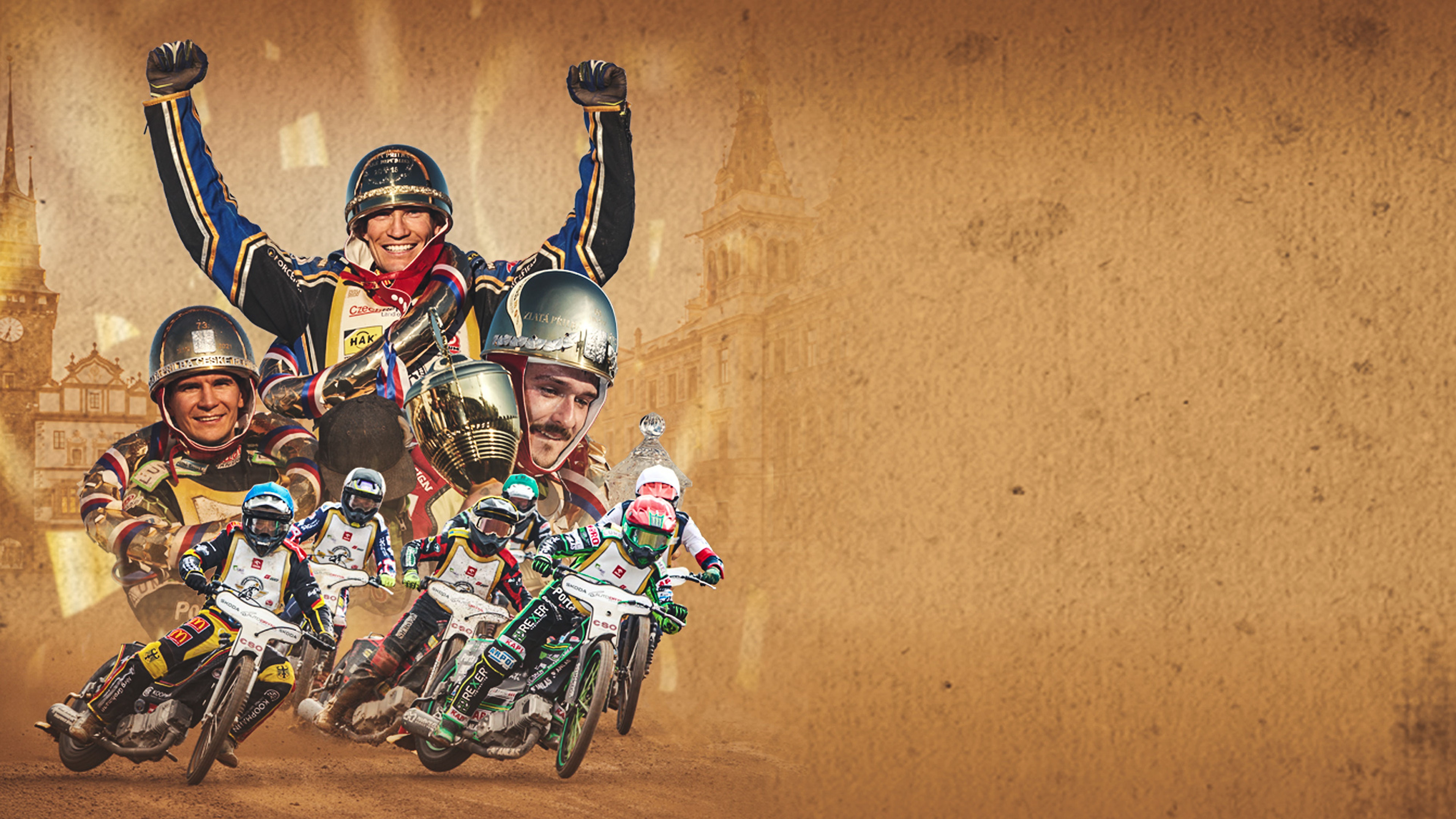 Motocykloví závodníci v akci na prašné dráze, v pozadí se zvětšenými snímky jásajících jezdců a trofejí.